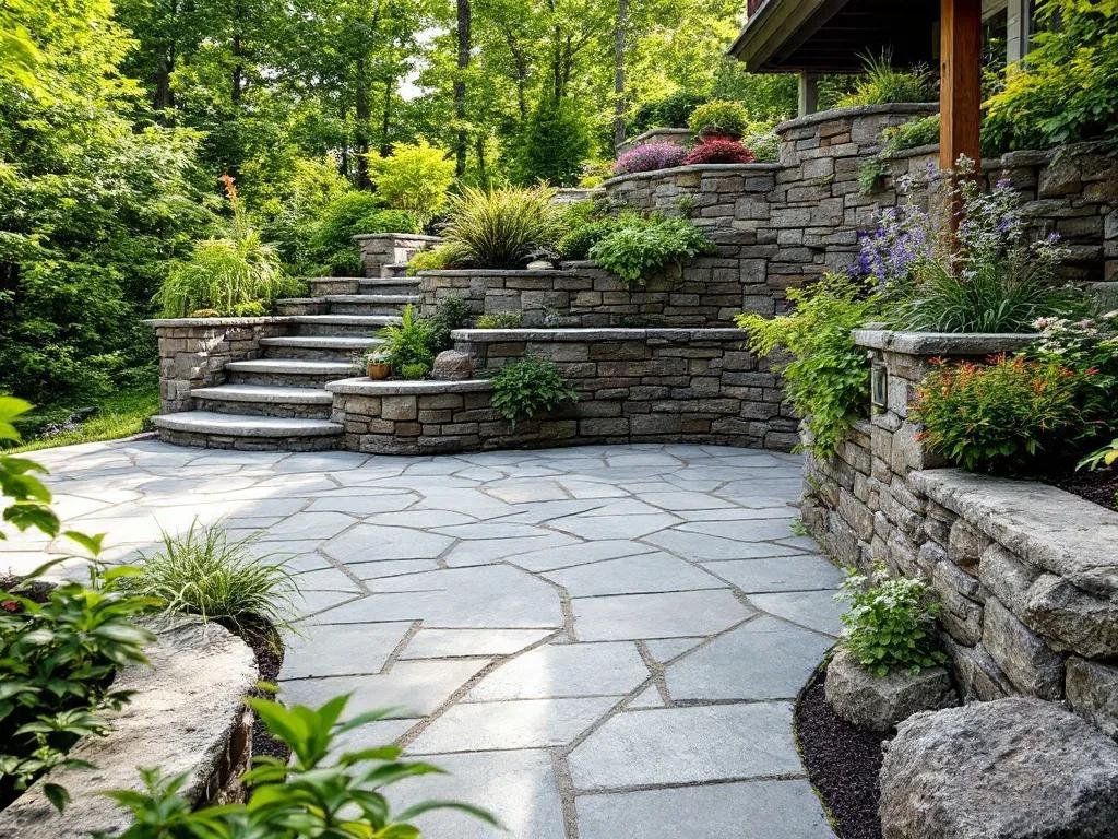 Retaining walls and stone patio in London Ontario backyard hardscaping design